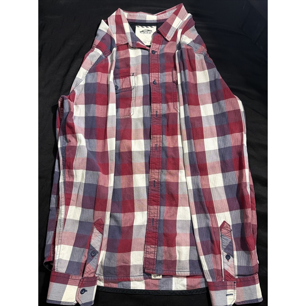 Vans Off The Wall Mens XL Plaid Herringbone Button Down Shirt Burgundy Navy Blue